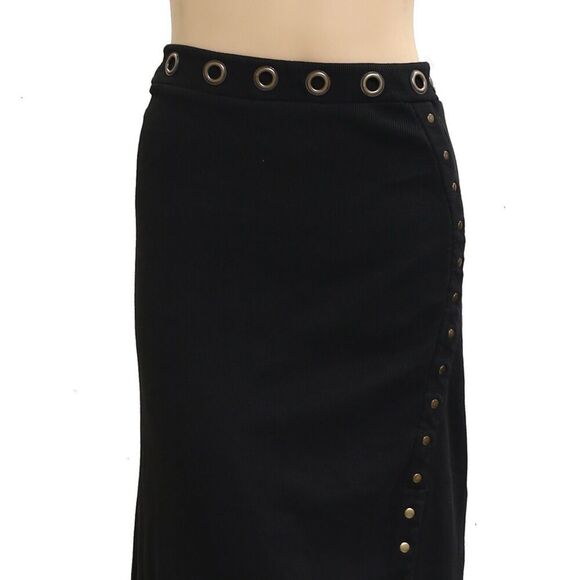 By Anthropologie Hardware Side-Slit Column Midi Skirt Studded Black SP 284254 - Picture 9 of 12